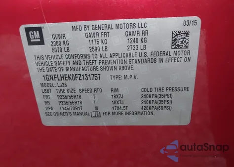 2015 Chevrolet Equinox Ltz z USA, uszkodzony, nr VIN 1GNFLHEK0FZ131757